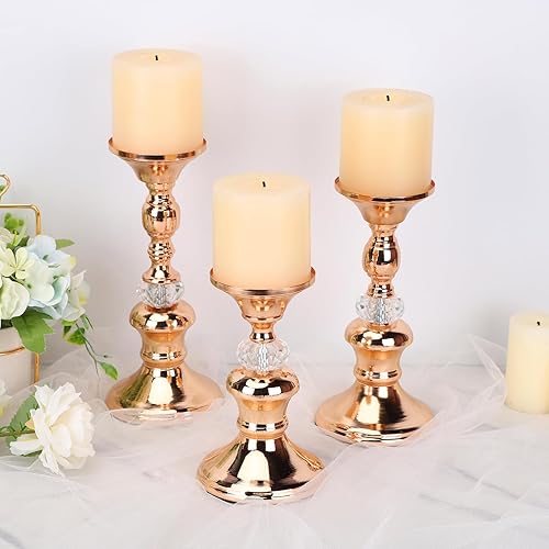 Miniatura 6 de OwnMy Juego de 3 portavelas de metal de oro rosa para velas de 3 pulgadas, elegantes soportes de velas de cristal de metal para mesa de comedor,