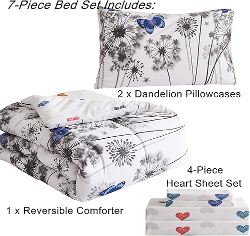 Miniatura 7 de Juego de edredón reversible tamaño individual con sábanas, 7 piezas de cama individual en una bolsa con edredón, sábanas y fundas de almohada,