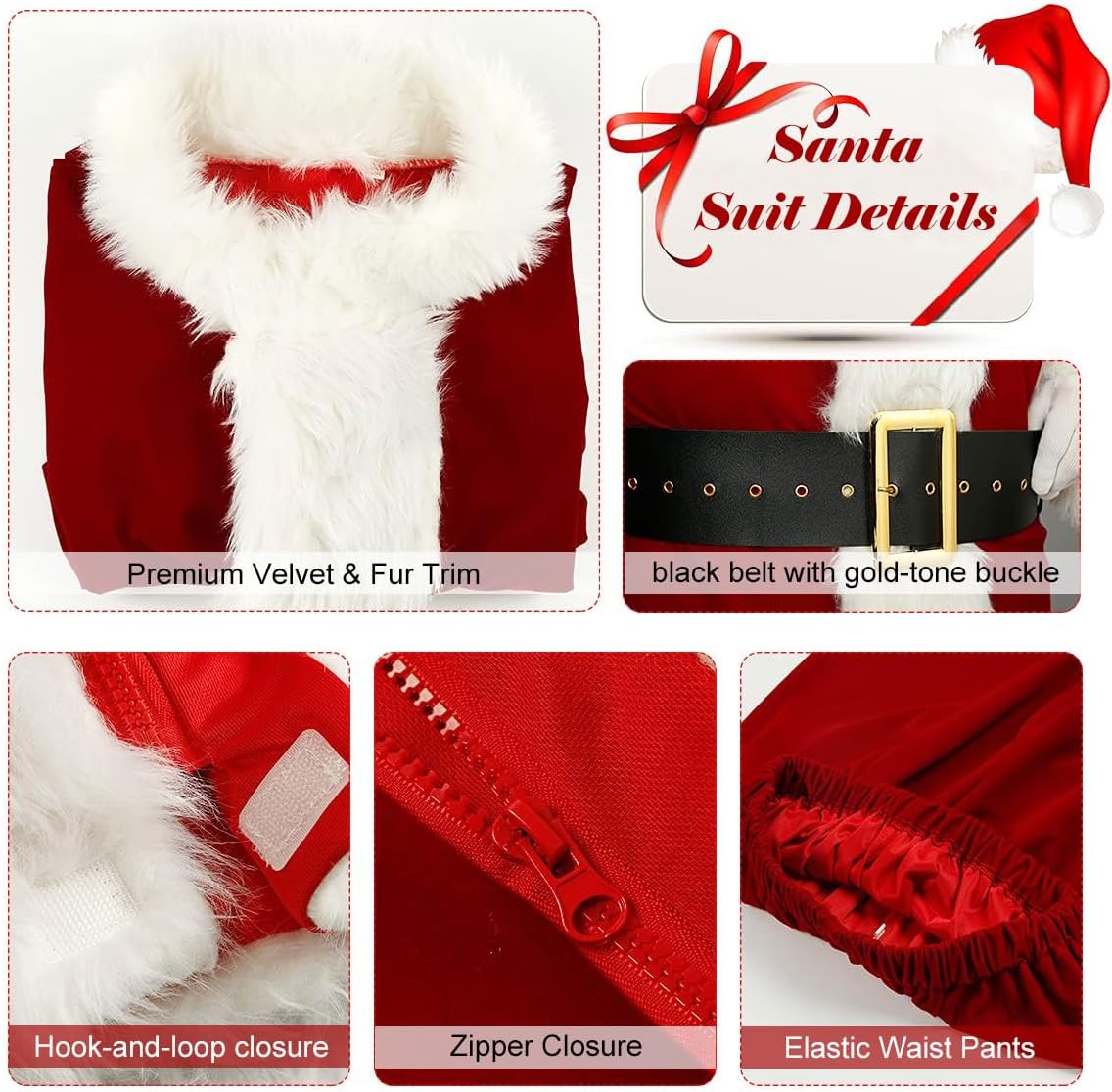 Santa Claus Costume for Men Women Adult - 9pc. Deluxe Costume Santa Suit Outfit with Santa Boots - Image 5