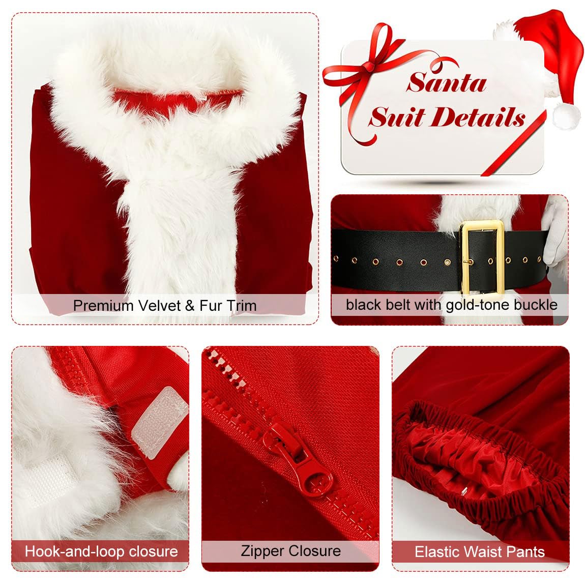 Santa Claus Costume for Men Women Adult - 9pc. Deluxe Costume Santa Suit Outfit