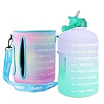 QuiFit 1 Gallon Water Bottle - with Straw & Motivational Time Marker Leak-Proof BPA Free Reusable Gym Sports Outdoor Large(128OZ) Capacity Water Jug(Purple/Green with Sleeve,1 Gallon)