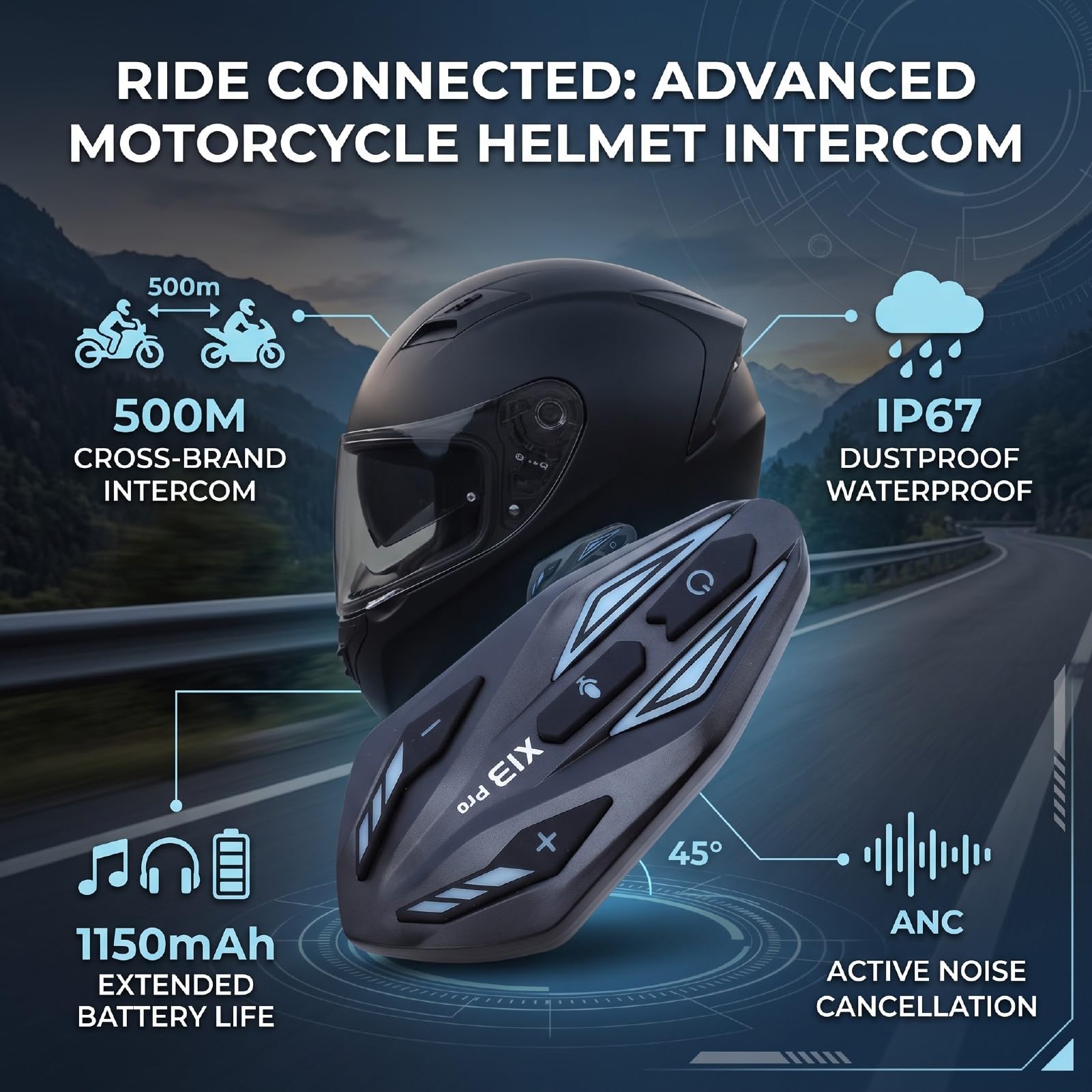 Casque Bluetooth pour Casque de Moto, IP67, Batterie 1150mAh