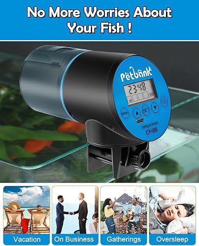 Miniatura 23 de Alimentador automático de peces para acuarios, dispensador automático de alimentos para peces recargable con cable de carga USB, pantalla LCD