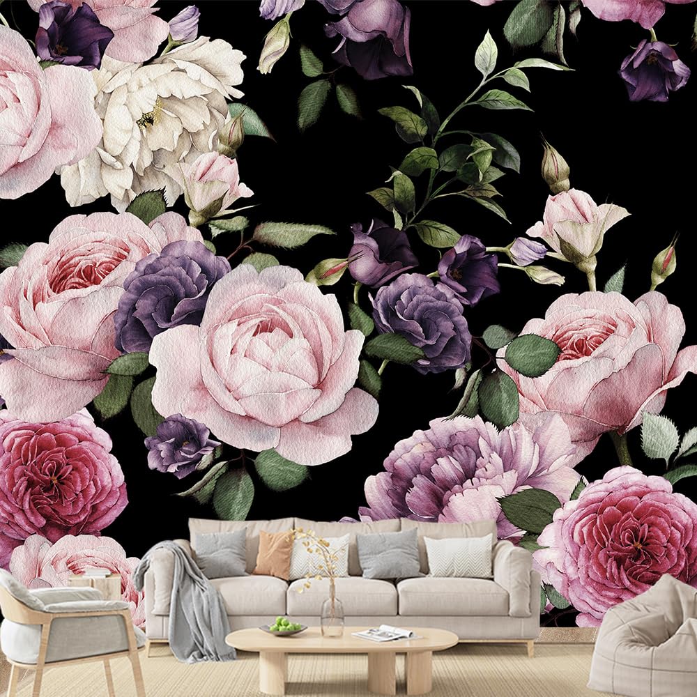 Black Watercolor Floral Wallpaper Pink/Purple Roses Plants Wallpaper Modern Bedroom Fashion Large TV Background Wall Murals Living Room Decoration Mural 151"x105" (Self-Adhesive Mural)