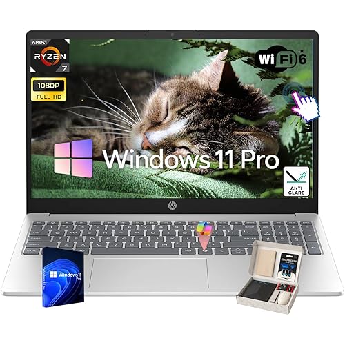 HP 15.6" Touchscreen Laptop - w/Accessories, AMD Ryzen 7 7730U, FHD Anti-Glare Display, AMD Radeon Graphics, AI Noise Reduction, Lightweight, Copilot Key, Wi-Fi 6, Win 11 Pro, 32GB RAM + 1TB SSD