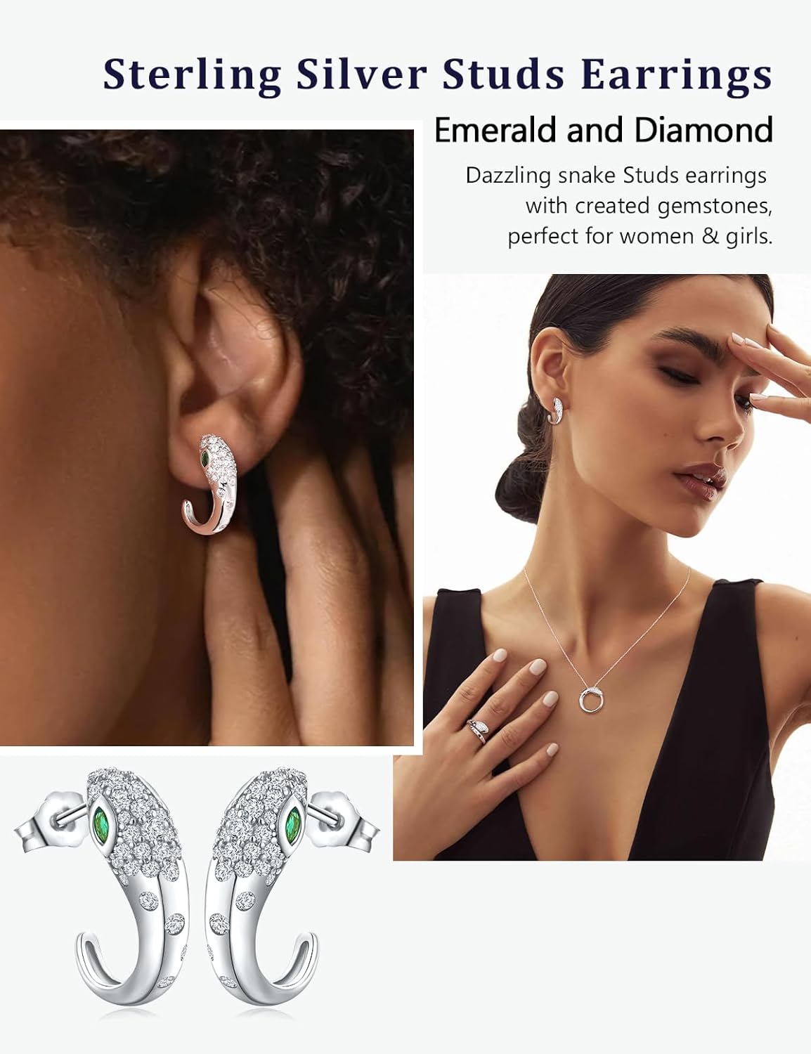 Snake Statement Earrings for Women 14K Gold Plated/925 Sterling Silver Emerald Studs Half Hoop Earrings Cubic Zirconia Snake Gothic Jewelry