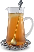 Vista 4 de Arthur Court Designs - Jarra de vidrio de 3 piezas con posavasos y agitador, jarra de agua para agua fría, té helado, bebida de jugo de limonada