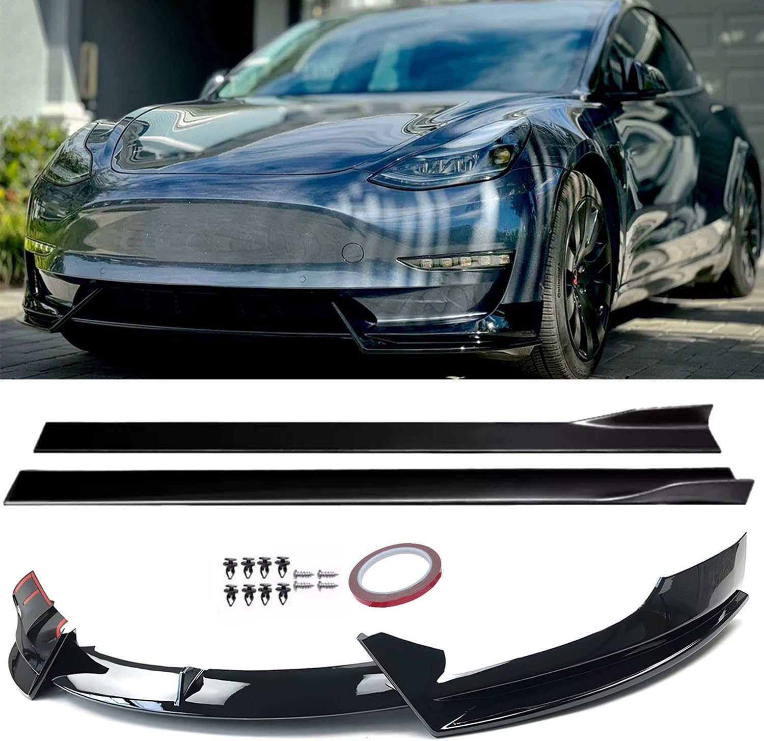 Front Bumper Lip Splitter Side Skirts Body Kit for 2017-2023 Tesla Model 3, Model 3 Front Spoiler, Model 3 Accessories Side Skirt (Gloss Black)