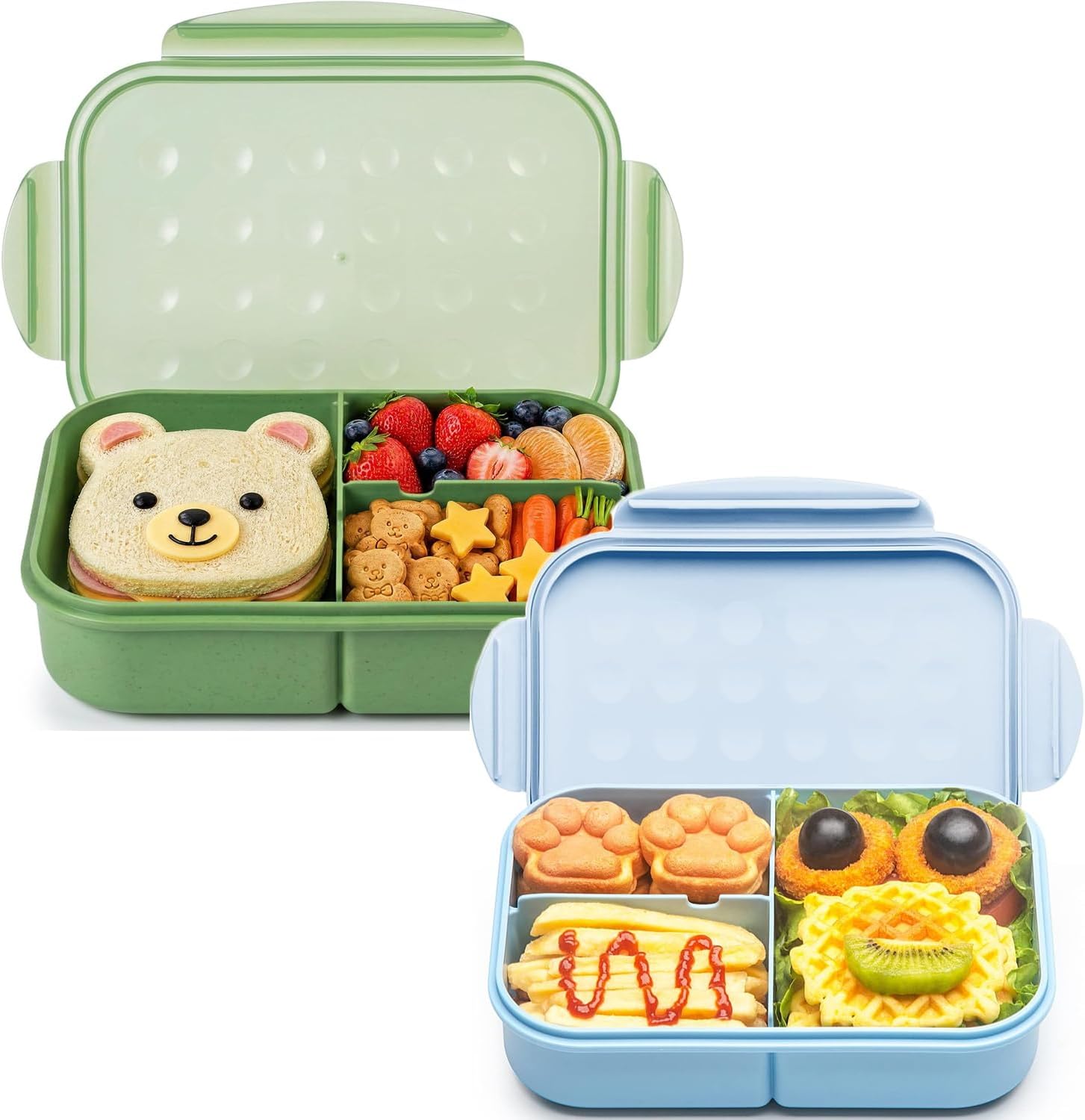 MISS BIG® Bento Lunch Box for Kids 2 Pack, 1150ml 3-Compartment Kids Bento Boxes, Matcha Green & Blue, BPA-Free Lunch Containers with Forks for School, Daycare, Snacks, Picnic, Travel