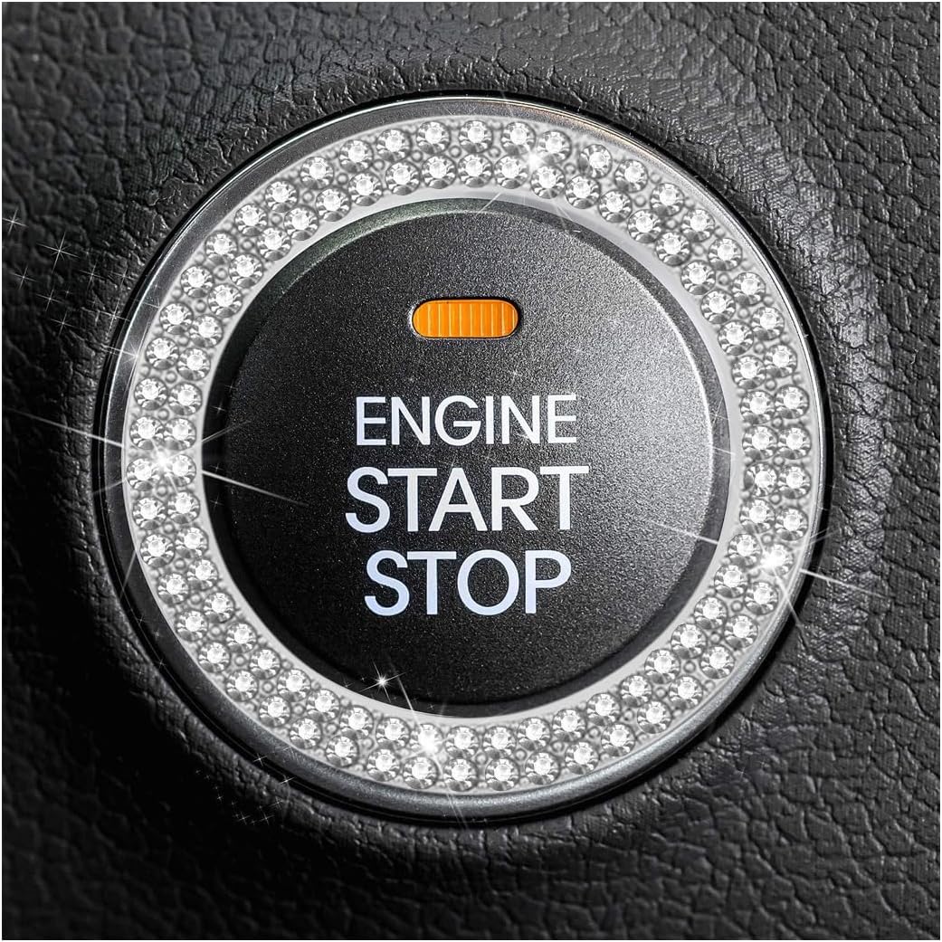 Car Bling Crystal Rhinestone Engine Start Ring Decals, 2 Pack Car Push Start Button Cover/Sticker, Key Ignition Knob Bling Ring, Sparkling Car Interior Accessories for Women (Double Silver)