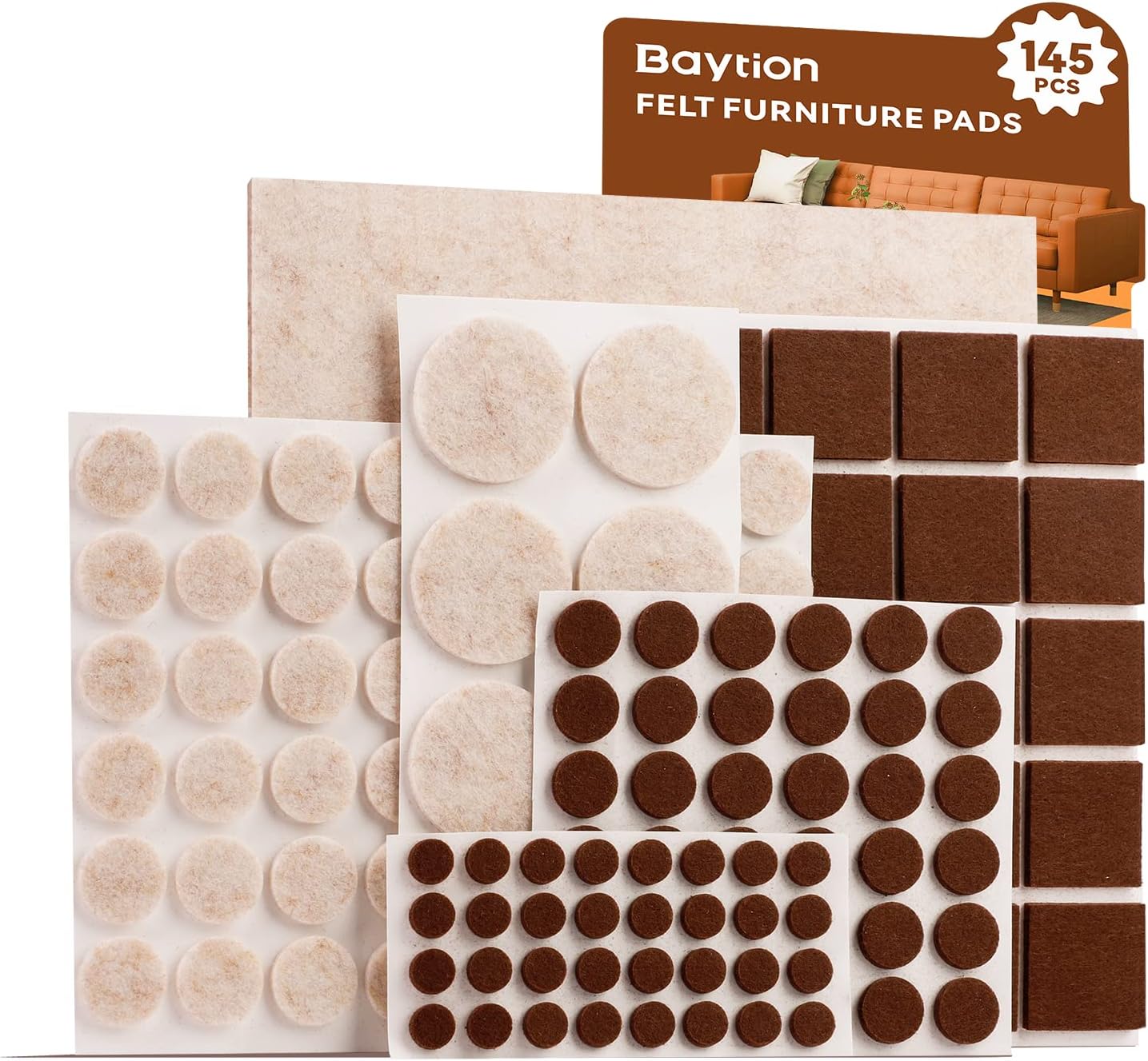 Baytion Felt Furniture Pads,145 Pcs Furniture Pads Self Adhesive,Cutable Felt Pads Scratch Resistant Hardwood Floor Protectors for Furniture Feet and Chair Legs,Furniture Felt Pads Brown and Beige