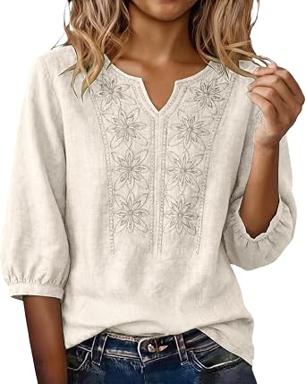 Embroidered Tops for Women Retro Cotton Linen 3/4 Sleeve Boho Shirts Summer Dressy Casual Flowy Gauze Peasant Blouse