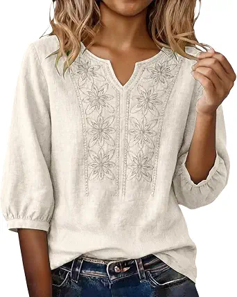 Embroidered Boho Cotton Linen 3/4 Sleeve Women's Top