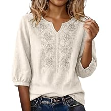 Embroidered Tops for Women Retro Cotton Linen 3/4 Sleeve Boho Shirts Summer Dressy Casual Flowy Gauze Peasant Blouse