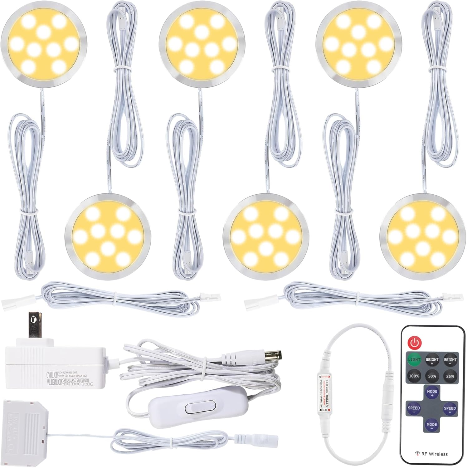 Curio Display Cabinet Light Kit, Small Round Under Counter LED Puck Lights, 120 Volt US Wall Plug Adapter, Wireless Remote Dimmable, 6 Ways Octopus Distributor, 6 Lights, Cool White