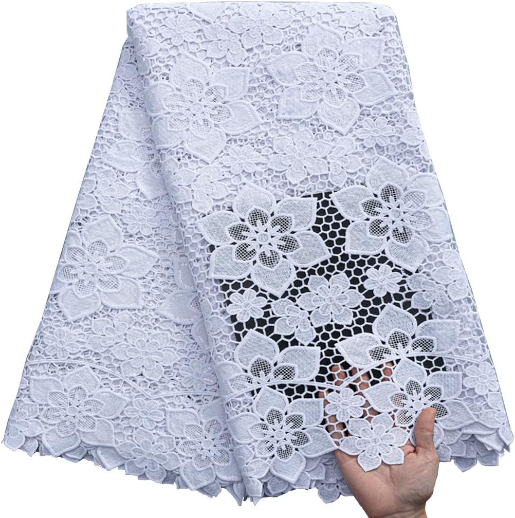 African Lace Fabric 5 Yards, French Jacquard Embroidery Water Soluble Solid White Lace Fabric for Party Wedding Dress