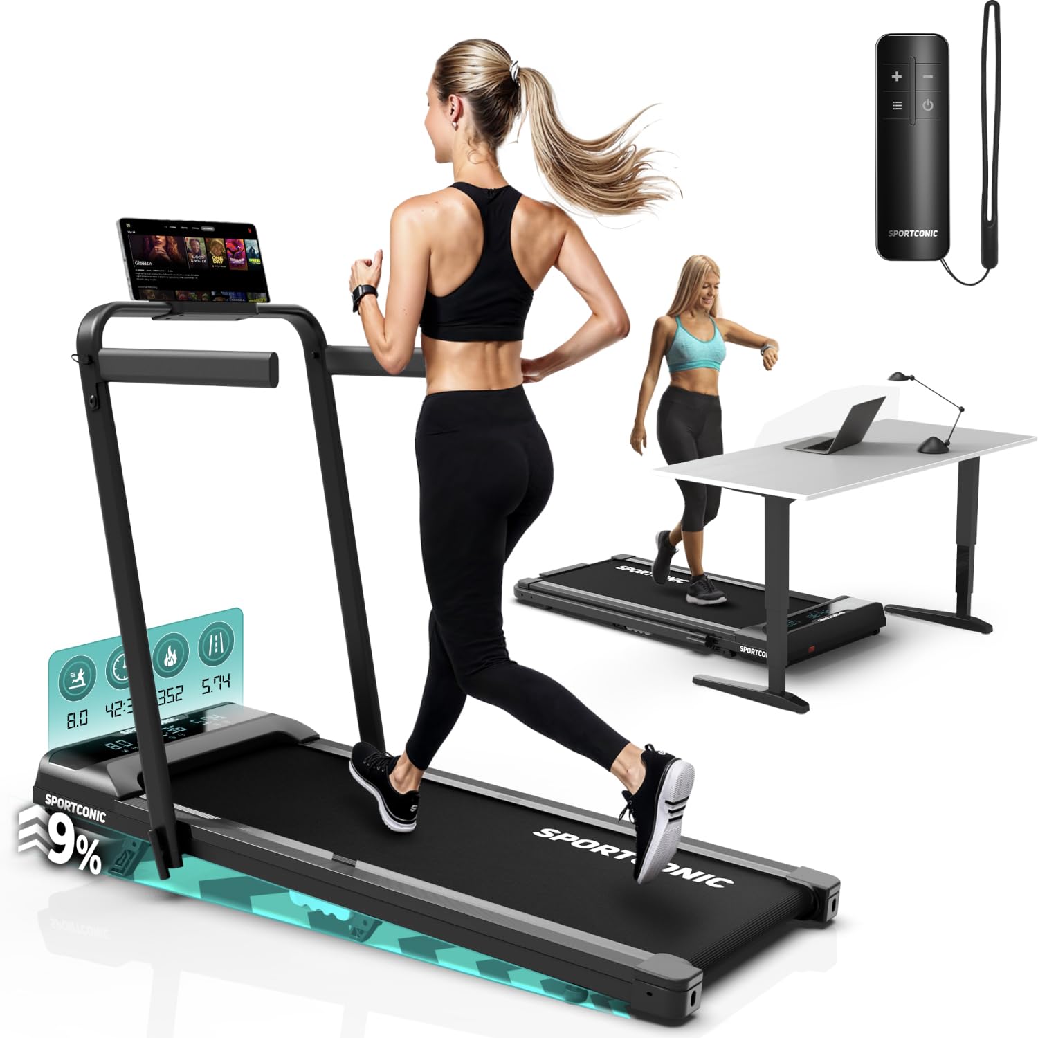 Sportconic Laufband klappbar – Walking Pad mit Steigung & Fernbedienung, Laufband für Zuhause mit Neigung – leise Fitnessgerät für Home Office & Heimtraining