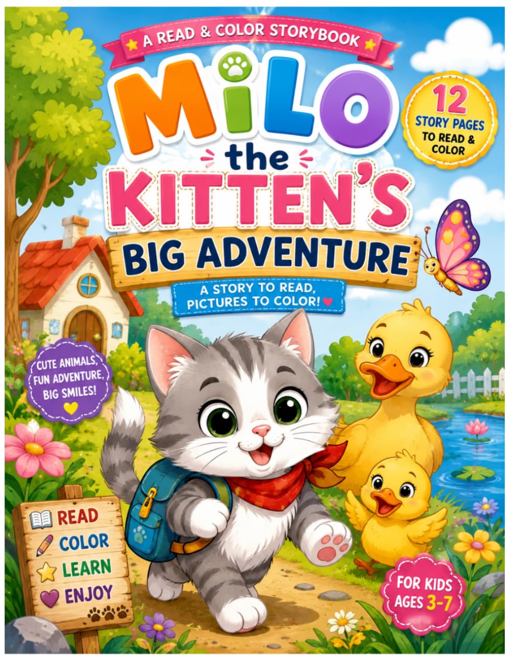 Milo the Kitten’s Big Adventure: Coloring Book for 3-7 years old (A Story to Read, Pictures to Color)
