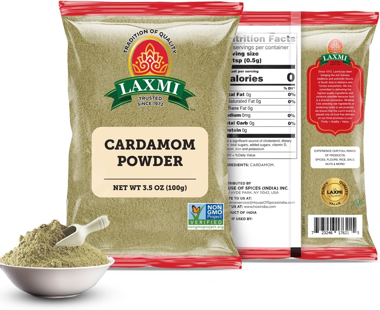 LAXMI BRAND Ground Cardamom Powder, Traditional Indian Cooking Spices - 3.5oz