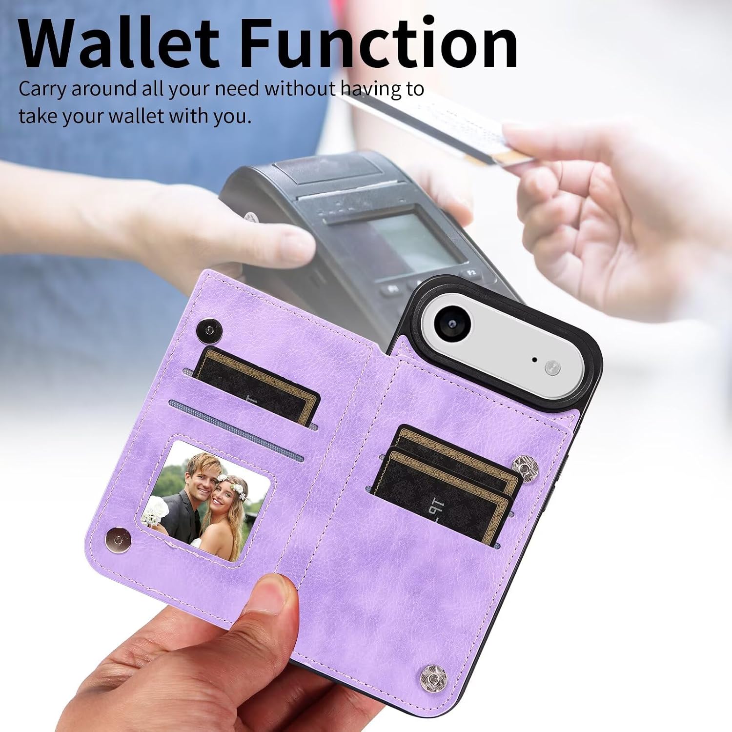 for iPhone 17 Air Wallet Case with Card Holder, Finger Ring Holder Kickstand PU Leather Magnetic Clousure Shockproof Phone Case Cover for Women and Men Purple