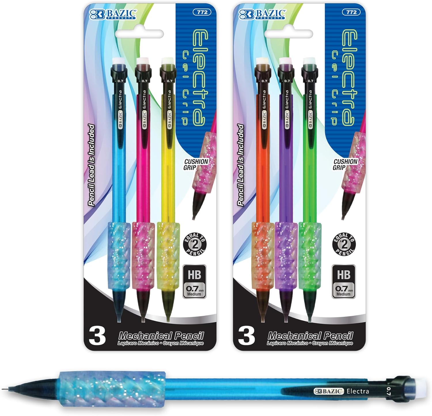 BAZIC Products Mechanical Pencil 0.7mm Electra Soft Grip, Smooth Writing Pencils Lead, Latex Free Eraser, for Drafting Drawing Sketching (4/Pack), 144-Packs