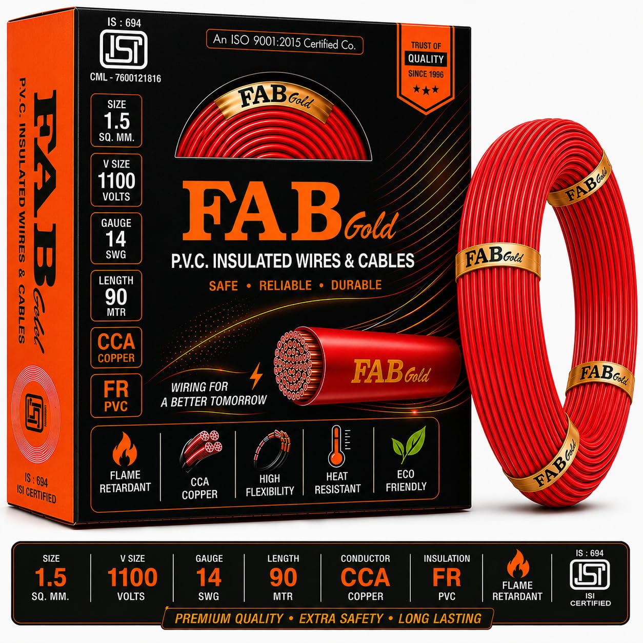 Red 1.5mm Electrical Wire - 90m, FR & Lead-Free -2 Red 1.5mm Electrical Wire - 90m, FR & Lead-Free -2