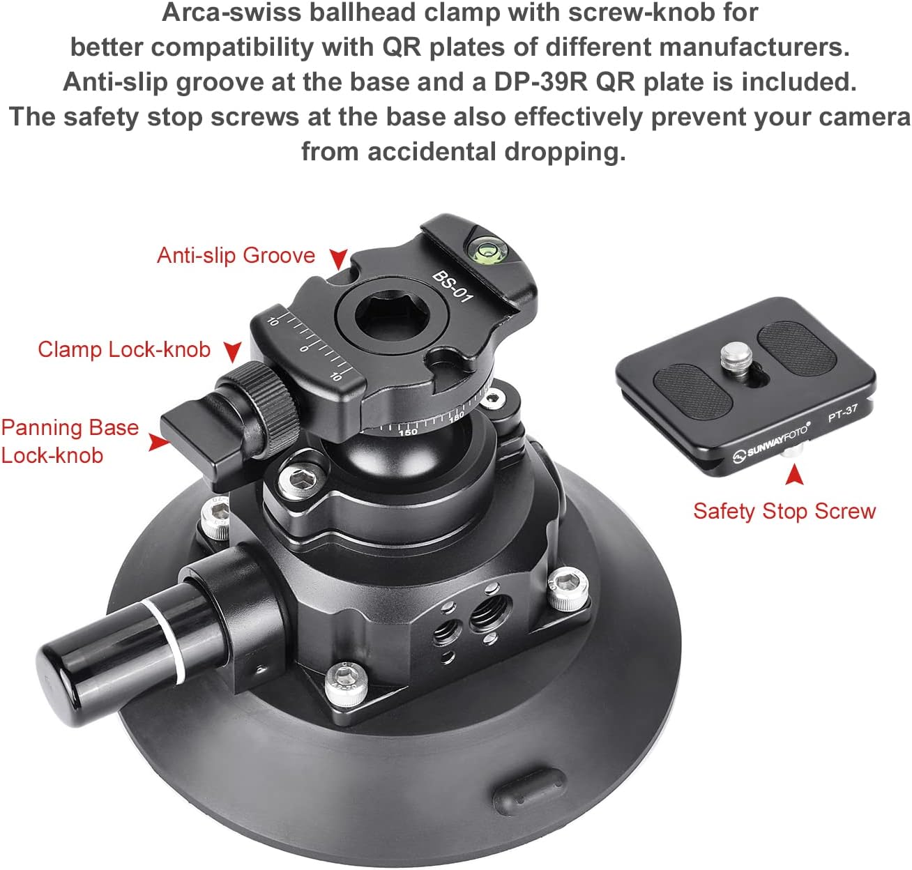 BS-01 Suction Cup Mount Ball Head for DSLR Camera, Phone Holder,Gopro for Car,Load 22lbs.(10KG)