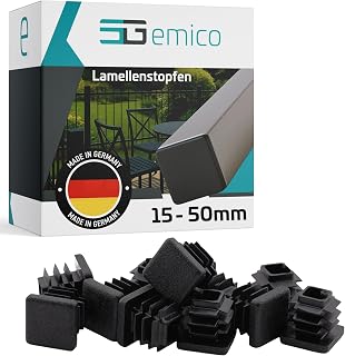emico Lamellenstopfen 15x15 mm - Rohrwandstärke 0,8-3,0 mm - 10 Stück Schwarz - Quadratische Stopfen aus robustem PE - Witterungsbeständige & stoßfeste Rohrstopfen - Ideal für Rohrabdeckungen