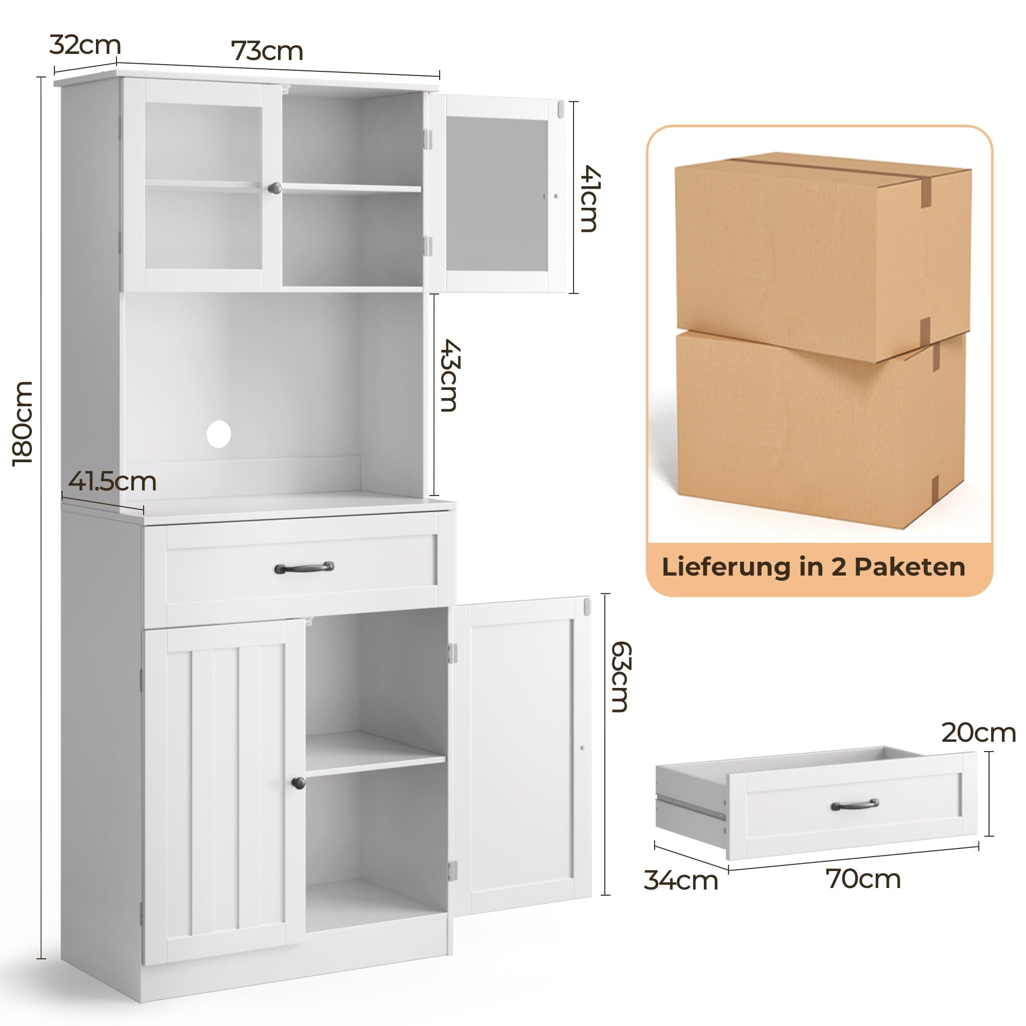 Credenza Cucina Alta,Mobile Dispensa Cucina,Armadio Buffet con 4 Ante e 1 Cassetti,con Ripiani Regolabili Scaffale per Microonde,73 x 40 x 180CM, Bianco