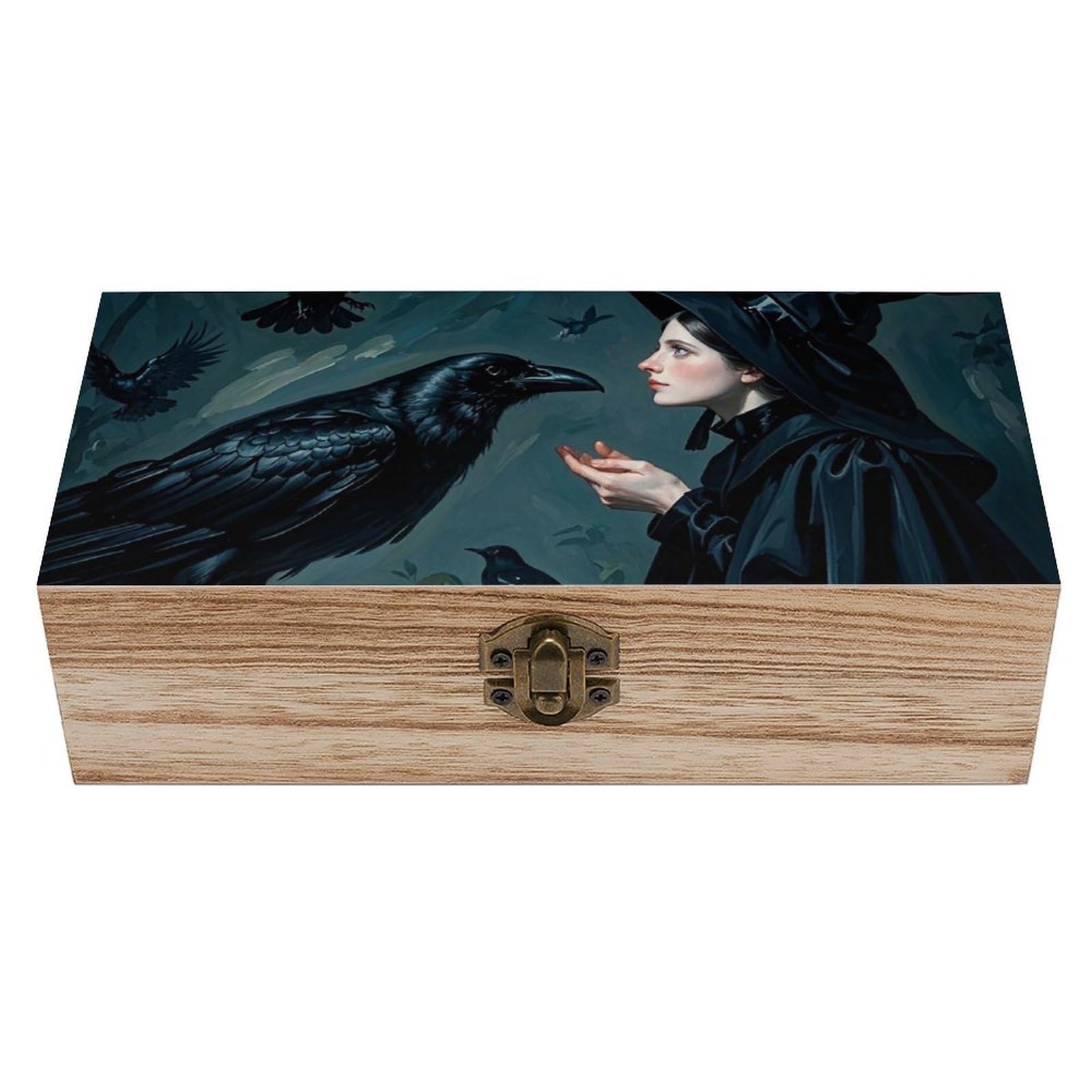 Black Raven Witch Wooden Keepsake Box, Large Acacia Storage with A Hinged L