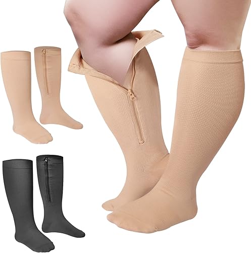 Hillban 2 pares de calcetines de compresión anchos con cremallera de pantorrilla de talla grande de 15 a 25 Mmhg para mujeres y hombres con sobrepeso