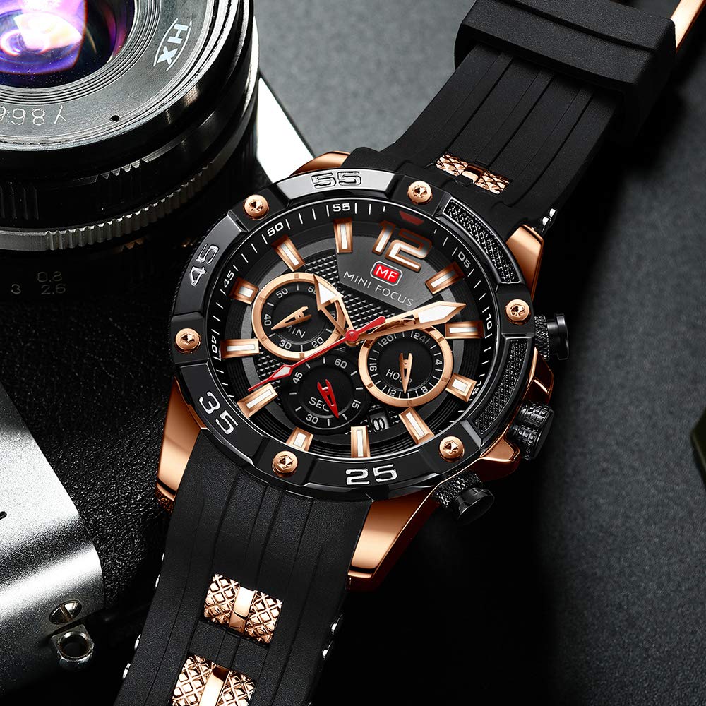 Mini Focus Men Watches Unique Casual Wrist Watches (Chronograph/Waterproof/Luminous/Calendar/25 Hours) Silicon Band Fashion Watches for Men
