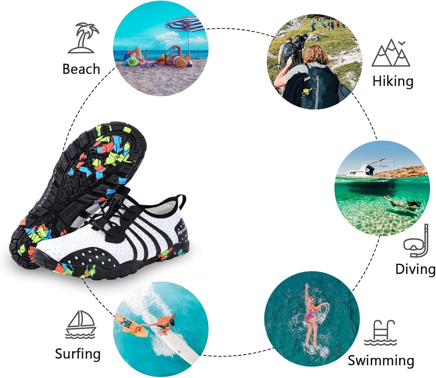 HIITAVE Womens Aqua Beach Water Shoes Quick Dry Barefoot Swim Socks for Surf Pool River Walking Diving Water Sports 7.5 Women/6.5 Men White/Black