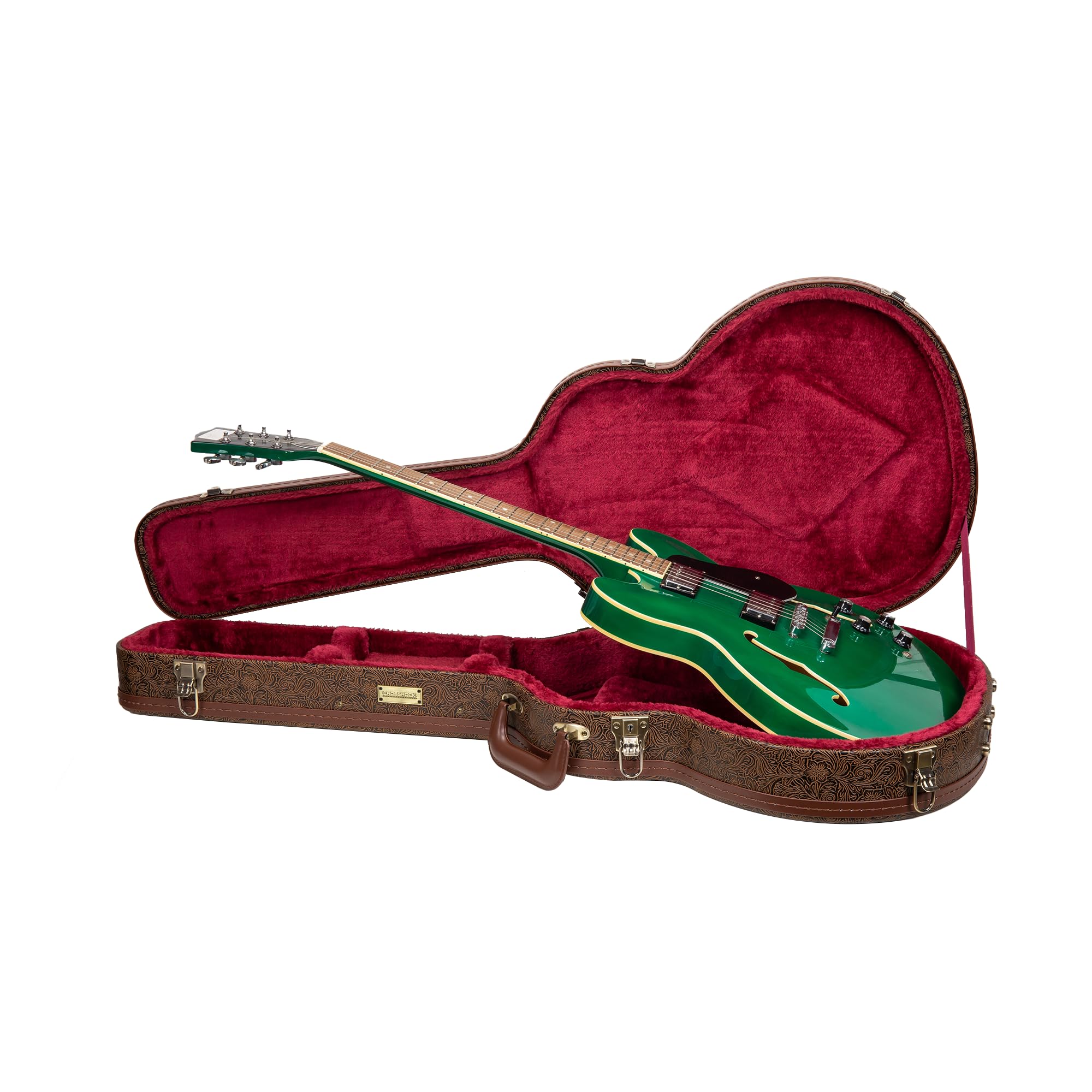 Crossrock Wooden Electric Guitar Case for 335 Style Semi-Hollow | Blossom Brown Faux Leather Burgundy Velvet Interior Lock Designer SeriesCRW530SABQ product thumbnail 7