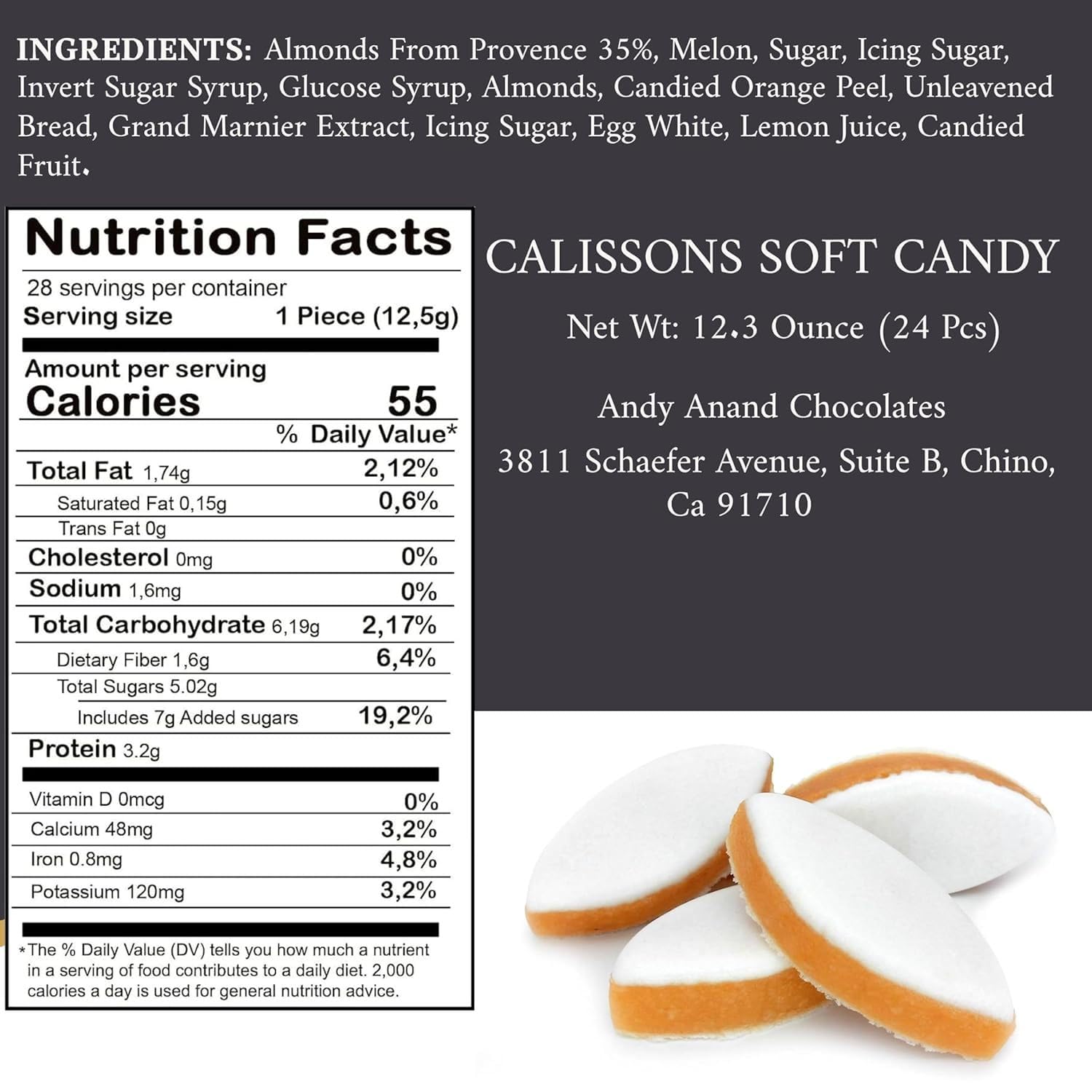 Andy Anand Calissons de Provence, 28 Pcs Soft Almond Paste Candy with Candied Melons and Orange, Flown in from France, Made in Authentic Traditional French way (12.3 oz)