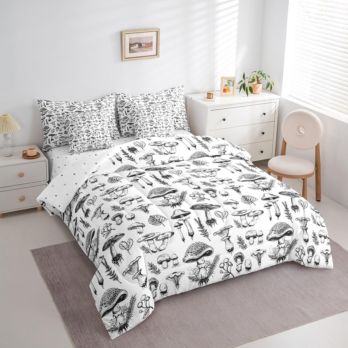 7 Pieces Queen Size Mushroom Comforter Set,Hand Drawn Sketch Rustic Bedding Set for Boys Girls,Botanical Plants Weed Flowers Retro (Comforter+Fitted+Flat Sheet+2 Pillowcases+2 Throw Pillow Covers）