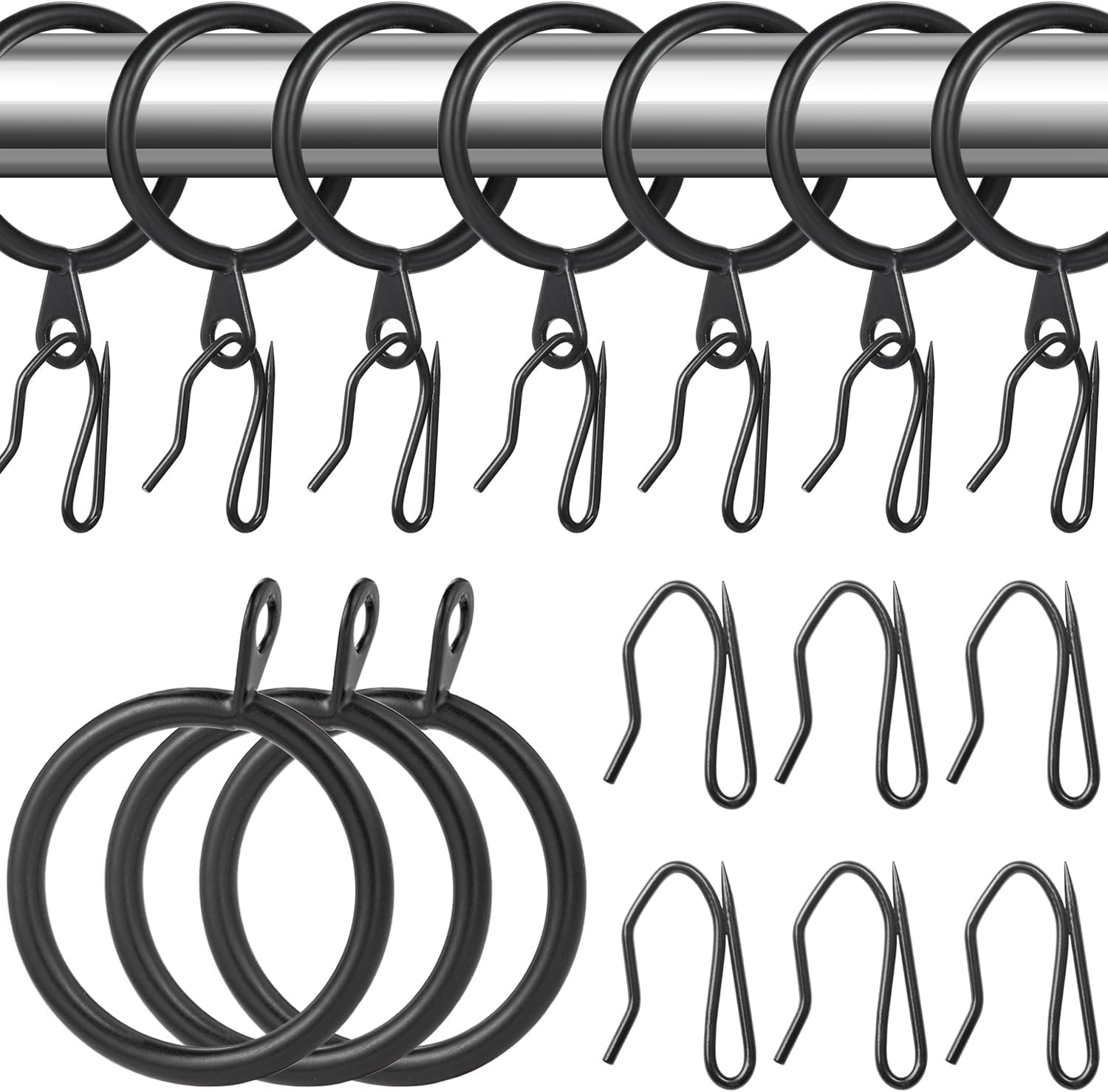 Gardinenringe aus Metall, 30 Stück und 30 Stück Metall-Vorhanghaken für Fenster, Tür, Duschvorhang, 42 mm Innendurchmesser (schwarz)