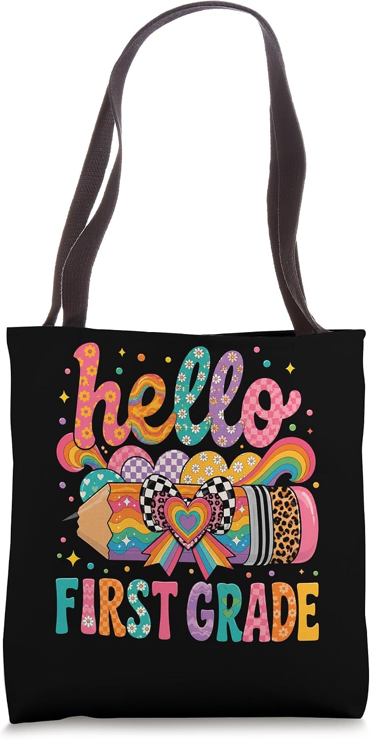 Hello First Grade Rainbow Pencil Bow Back to School Girls Tote Bag