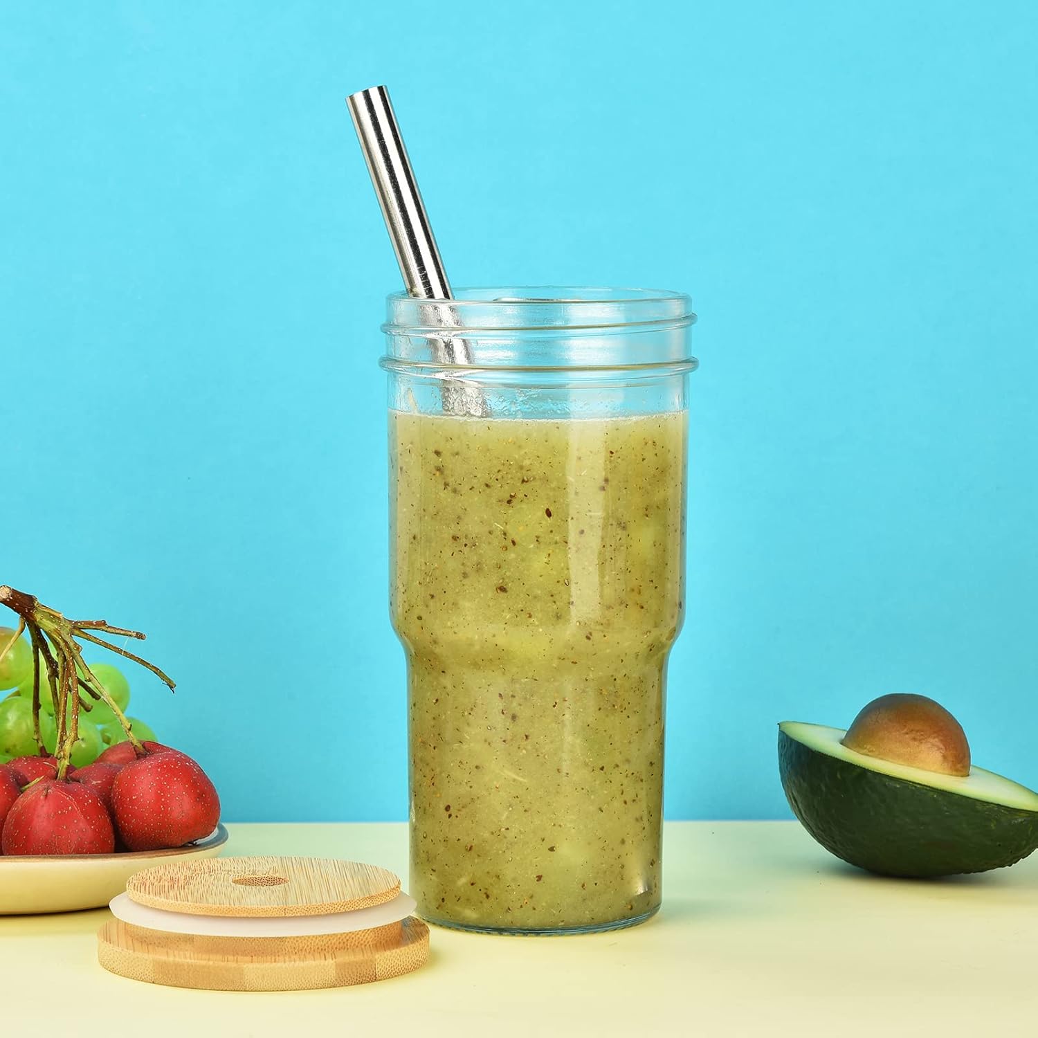 ALINK 4-Pack Glass Cups with Bamboo Lids and Straws, 22oz Mason Jar Glass Tumbler, Reusable Boba Cups, Iced Coffee Drinking Glasses for Bubble Tea, Smoothies, Juice - 2 Cleaning Brush - Image 7