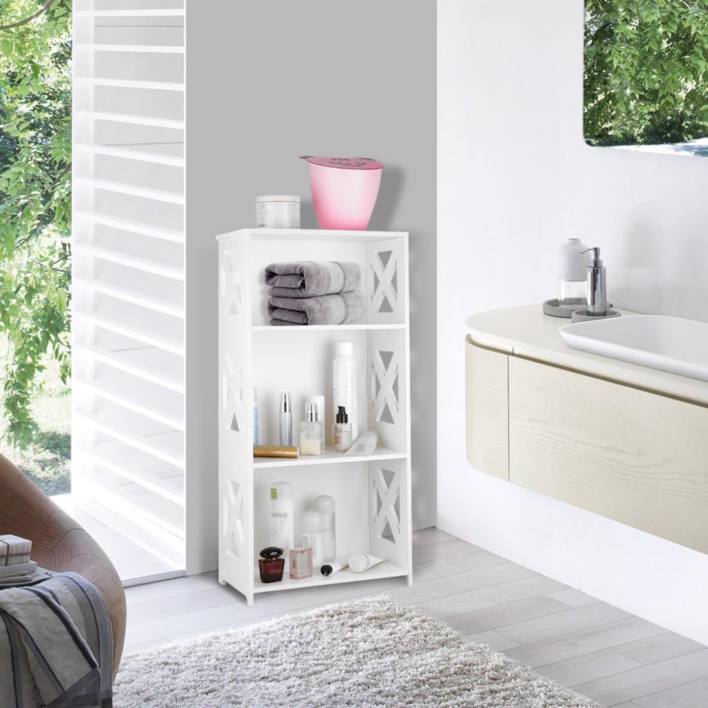 Finether 3-Tier Modular Side Cross Cut-Out Wood Plastic Composite Shelf Unit White Bookcase Storage Organizer Display, SGS Certified
