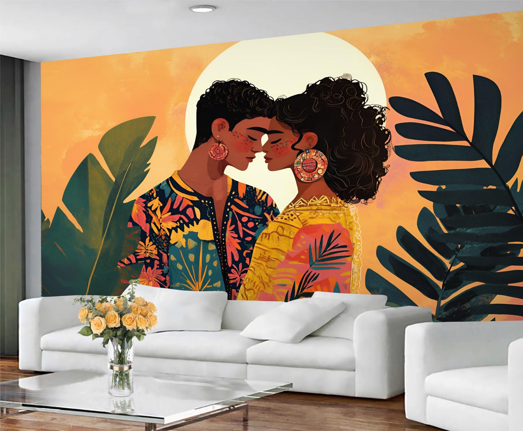 GIVLWF Hawaiian Large Mural & Home Decor, Couples Wallpaper for Living Room, Cartoon Tropical Bedroom Wall Paper, Non-Self-Adhesive, Murals for Walls