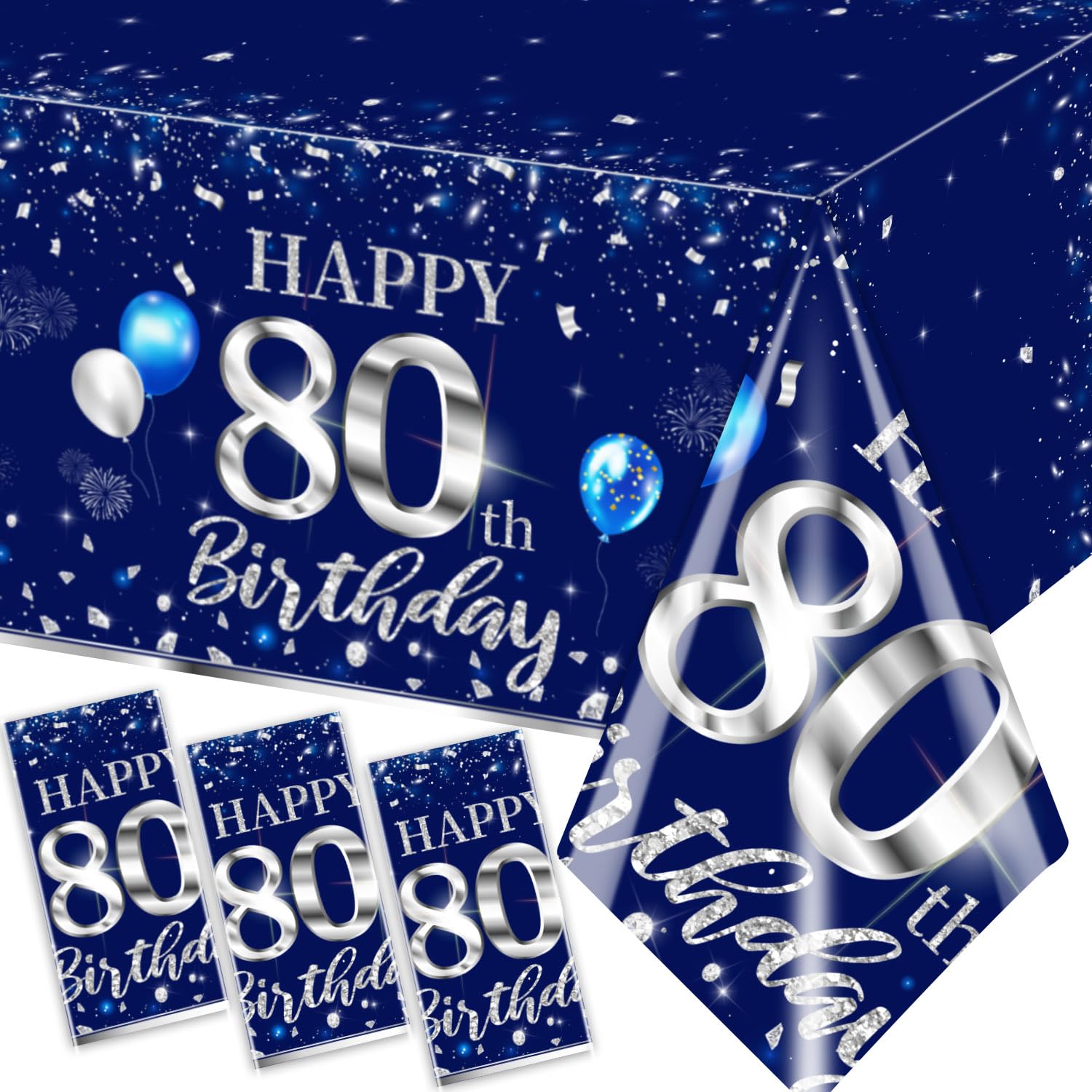 GREHUMOR 3Pcs 80th Birthday Tablecloth Decorations Sliver and Blue Table Cover Plastic 80th Happy Birthday Party Supplies for Men Women Disposable