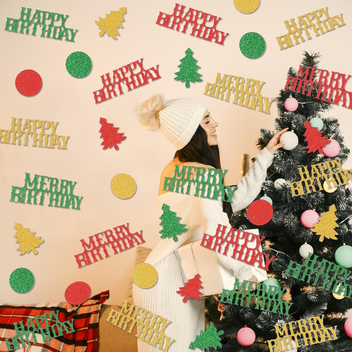 Merry Birthday Confetti, Glitter Happy Bday Table Scatter, Red Green Gold Christmas Tree Polka Dot Paper Confetti for Christmas Birthday Party Decor, Sparkling Xmas Holiday Supplies (120 Pieces)