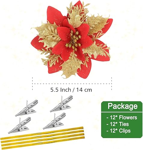 Miniatura 8 de Paquete de 12 adornos colgantes de Navidad con forma de flor con purpurina dorada de 5 pulgadas suministros de decoración para fiestas