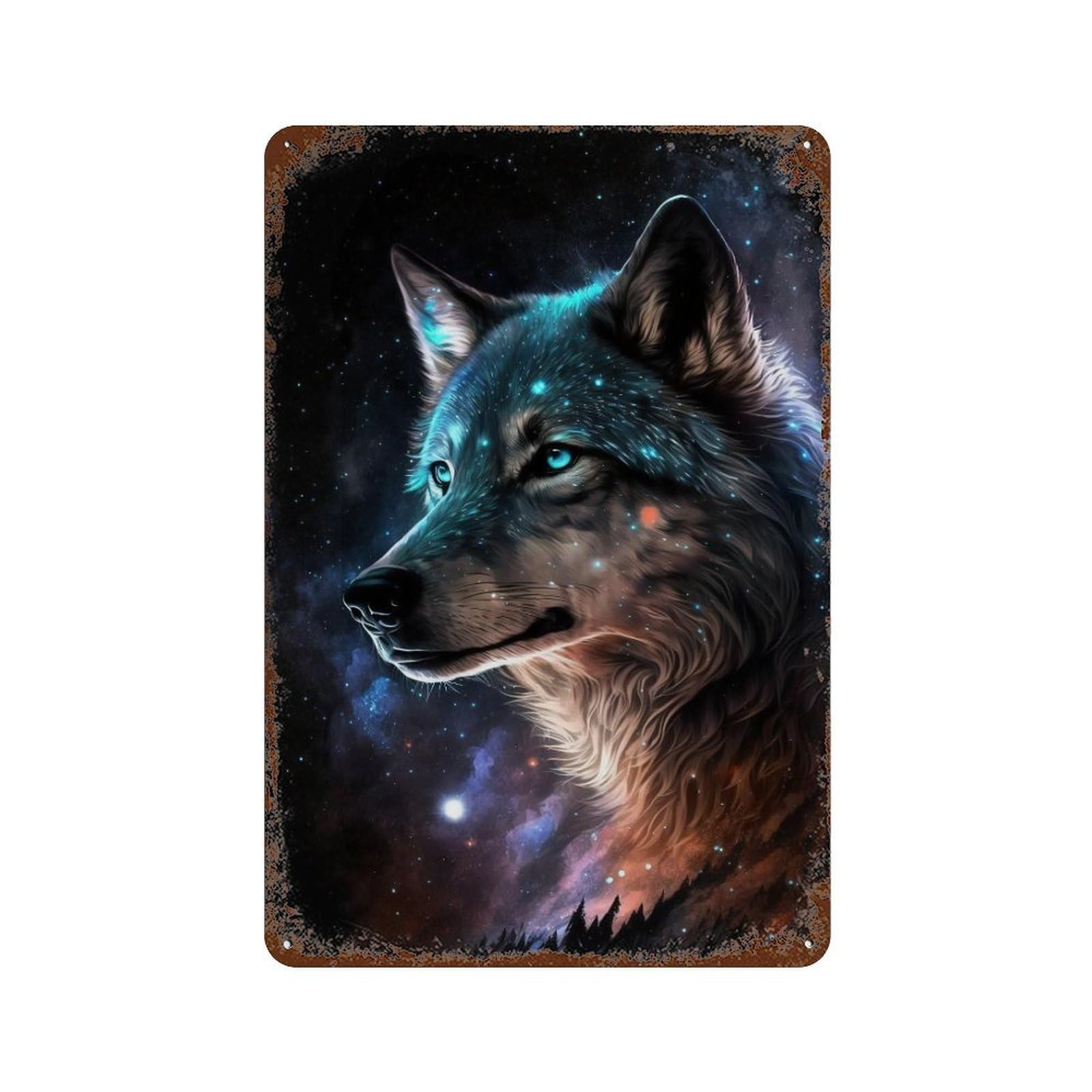Galactic Wolf Portrait -15 Distressed Metal Wall Sign 11.8"x7.9", Rustic Home Decor for Living Room, Hallway And Home Decor