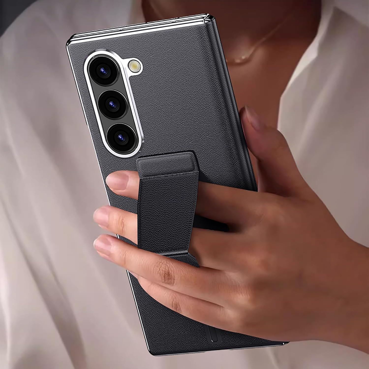 Magnetic Case for Samsung Galaxy Z Fold 6, Genuine Leather Case with Screen Hinge Protection Wristband Kickstand Luxury Business Phone Cover Purple