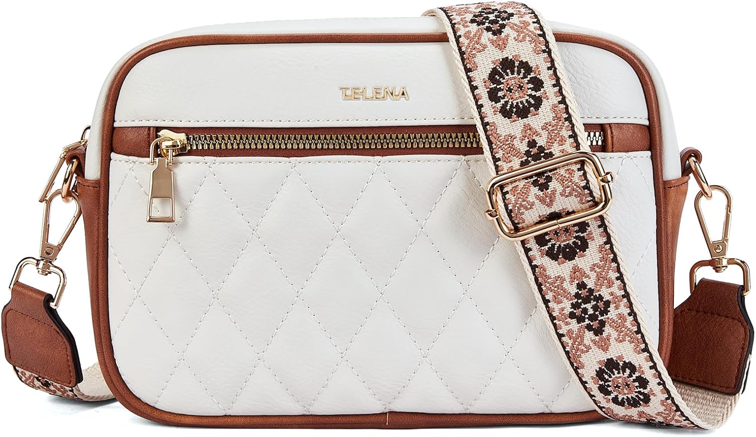 Telena Crossbody Bags for Women Small Crossbody Purses Quilted Vegan Leather with Guitar Strap Beige with Brown | Small, Quilted, Vegan Leather, with Guitar Strap