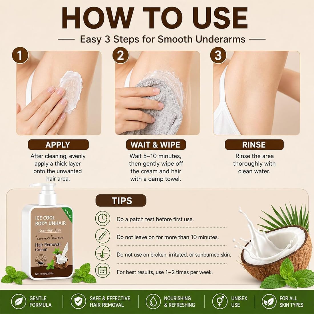 Crema depilatoria Ice Cool Body, crema depilatoria per corpo e viso, creme depilatorie delicate e indolori, azione rapida per gambe, braccia, ascelle e zona bikini (3pcs)