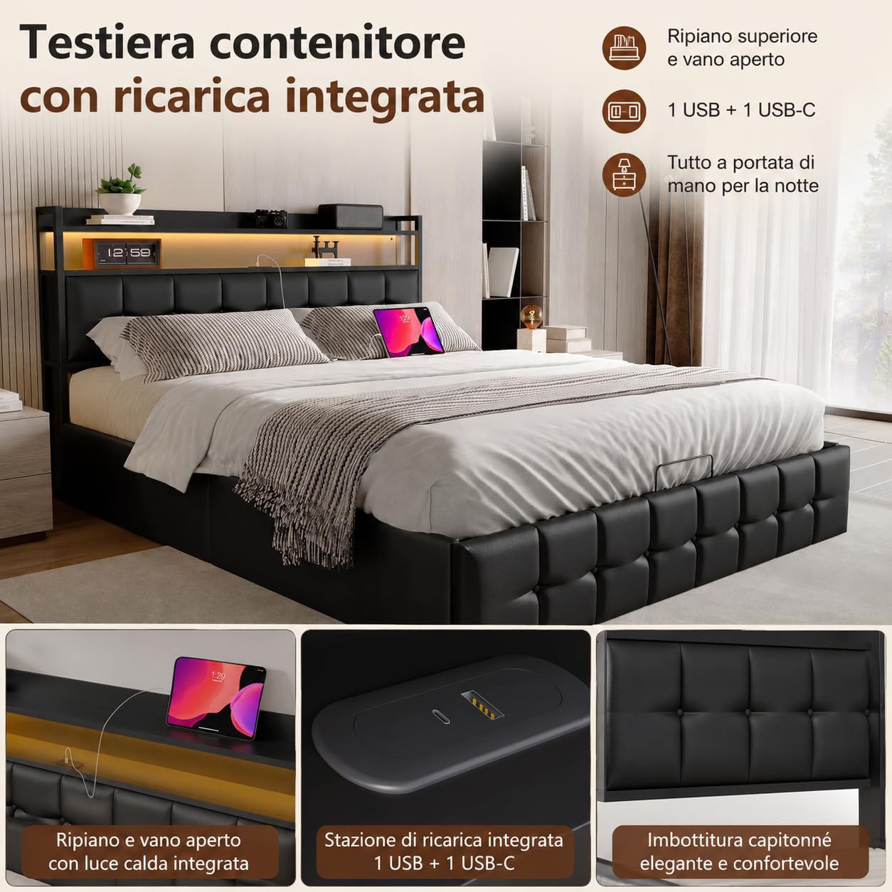 Podwójne łóżko tapicerowane 140 x 190 cm, podwójne łóżko z schowkiem, funkcjonalne łóżko z zagłówkiem, kufer ze światłami LED i portem USB, zagłówek z półką do przechowywania, czarny PU
