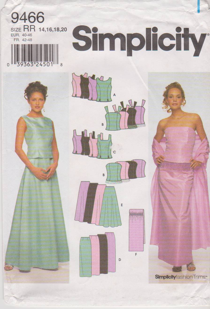 Patron Simplicity 9466 ajustement parfait hauts et jupes de soirée tailles 14-20